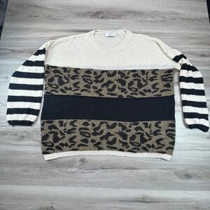 PINK LILY Women Leopard Print Stripe Knit Sweater L Long Sleeve Cottagecore
